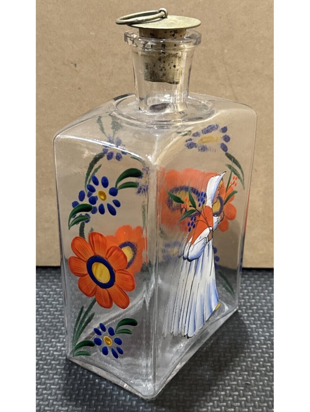 Vtg SWEDEN JOHANSFORS Hand Painted Decanter Bottle FOLKART Peasant - Picture 2 of 6